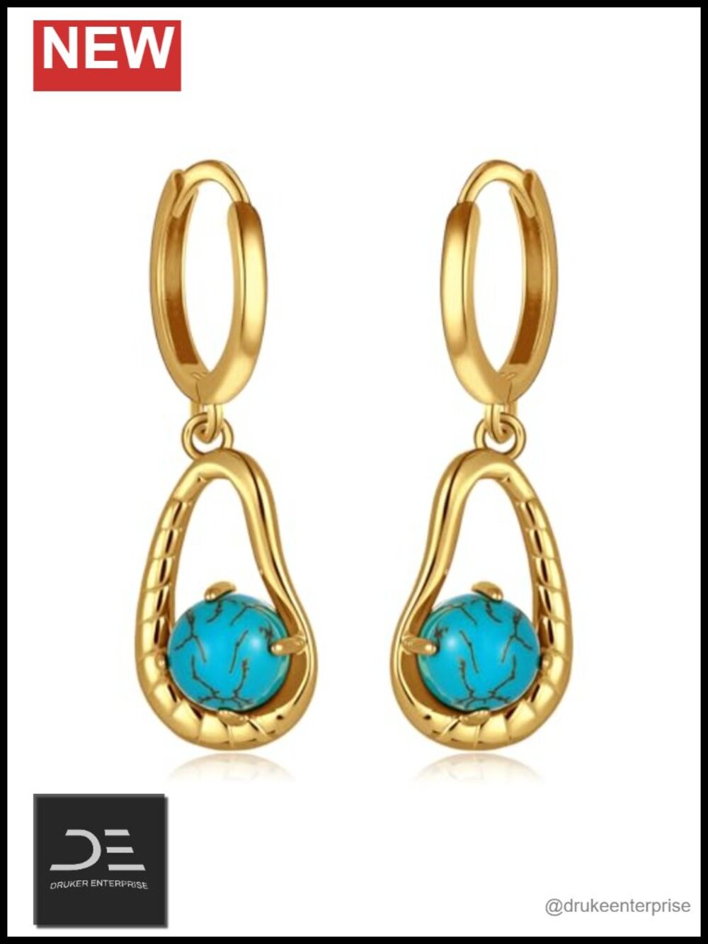 Genuine Turquoise Beads 14K Gold Plated S925 Sterling Silver Hoop Dangle